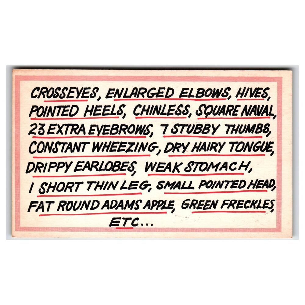 Vintage Humorous Valentine Postcard - You Have Everything! Funny Flaws List